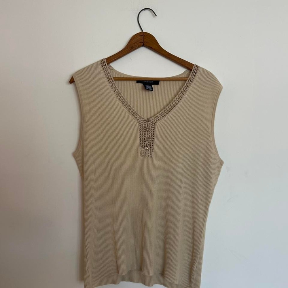 Vintage Y2K Silk Blend Minimalist Cream Tan Ribbed Knit Tank Top with Crochet - Picture 5 of 8